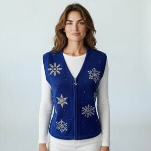 Merry & Bright Petite Medium Vest Full Zip Blue With Silver Rhinestone Snowflake